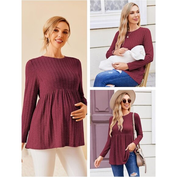 Womens Maternity Long Sleeve Top Ribbed Crew Neck Pregnancy Shirt Plus Size - Picture 5 of 5